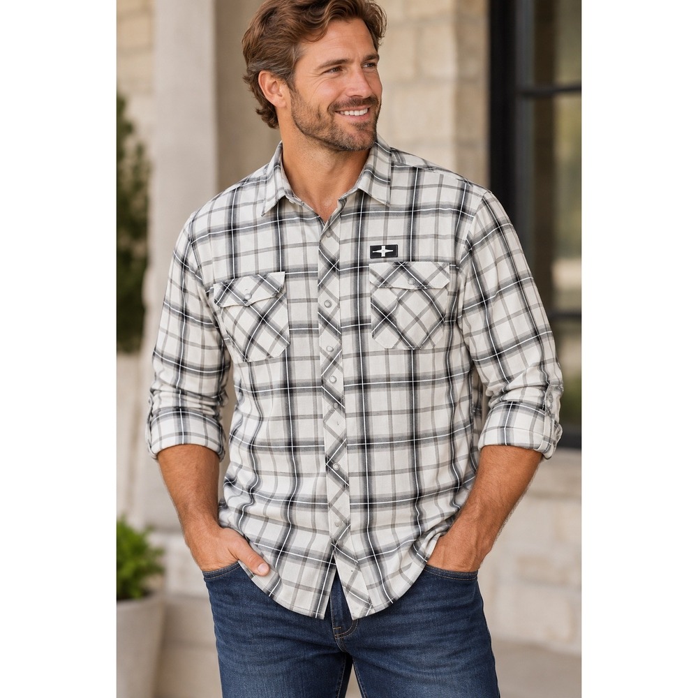 Bare Fox Men's XL Plaid Shirt Black White Western Snap Roll Tab Cotton